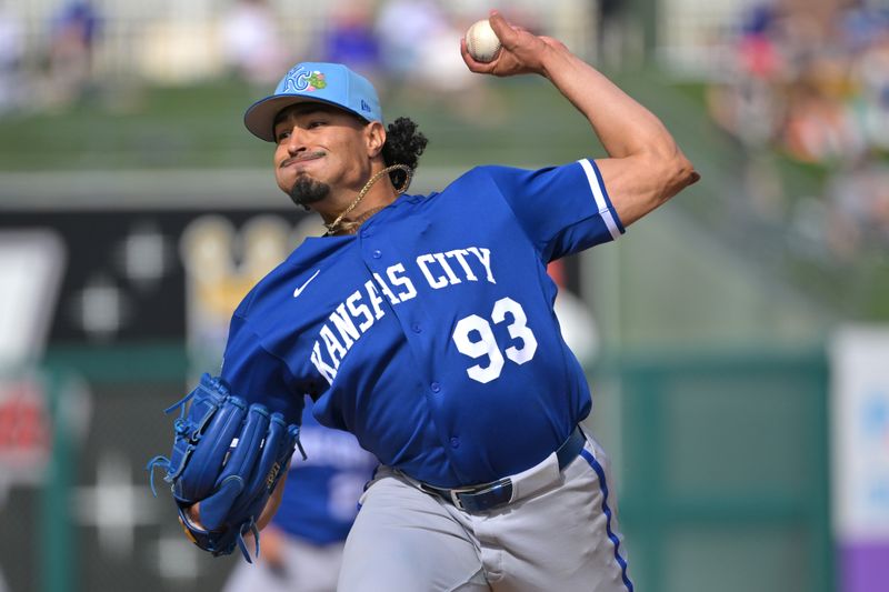 Feb 20, 2026; Surprise, Arizona, USA;  Texas Rangers pitcher Helcris Olivarez (93) delivers in the third inning against the Kansas City Royals at Surprise Stadium. Mandatory Credit: Jayne Kamin-Oncea-Imagn Images