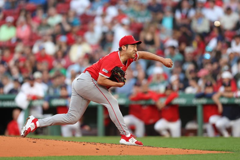Jun 3, 2025; Boston, Massachusetts, USA; Los Angeles Angels starting pitcher Yusei Kikuchi (16) delivers a pitch during the second inning against the Boston Red Sox at Fenway Park. Mandatory Credit: Paul Rutherford-Imagn Images
