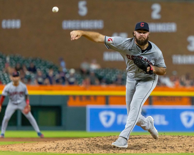 Jul 29, 2024; Detroit, Michigan, USA; Cleveland Guardians pitcher Hunter Gaddis (33) delivers in the ninth inning against the Detroit Tigers at Comerica Park. Mandatory Credit: David Reginek-USA TODAY Sports