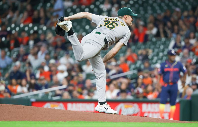 May 13, 2024; Houston, Texas, USA; Oakland Athletics starting pitcher Ross Stripling (36) pitches against the Houston Astros in the first inning  at Minute Maid Park. Mandatory Credit: Thomas Shea-USA TODAY Sports