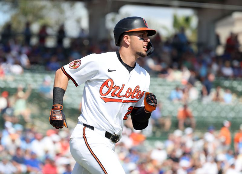 Feb 27, 2025; Sarasota, Florida, USA;  Baltimore Orioles third base Ramon Urias (29) runs around the bases after he hit a 2-run home run during the second  inning against the Toronto Blue Jays at Ed Smith Stadium. Mandatory Credit: Kim Klement Neitzel-Imagn Images