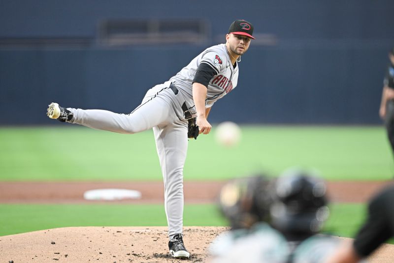 July 5, 2024; San Diego, California, USA; Arizona Diamondbacks starting pitcher Slade Cecconi (43) pitches during the first inning against the San Diego Padres at Petco Park. Mandatory Credit: Denis Poroy-USA TODAY Sports