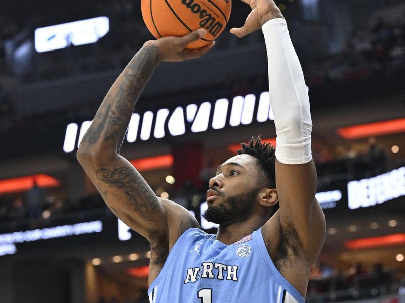 Jan 14, 2023; Louisville, Kentucky, USA;  North Carolina Tar Heels forward Leaky Black (1) shoots against the Louisville Cardinals during the first half at KFC Yum! Center. North Carolina defeated Louisville 80-59. Mandatory Credit: Jamie Rhodes-USA TODAY Sports