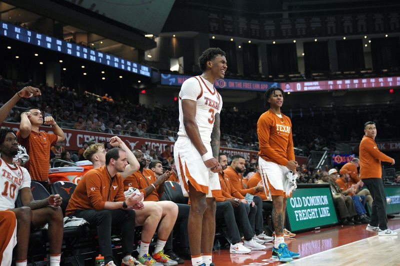 Dec 16, 2025; Austin, Texas, USA; Texas Longhorns guard Dailyn Swain (3) celebrates from the bench during the second half against the Le Moyne Dolphins at Moody Center. Mandatory Credit: Dustin Safranek-Imagn Images
