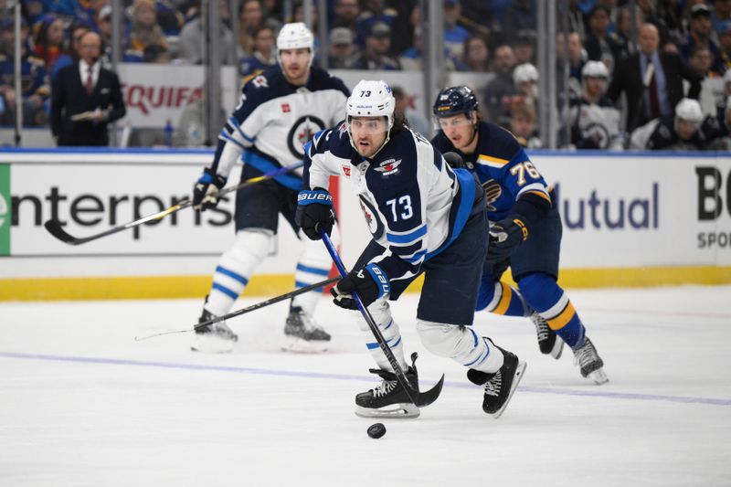 Apr 27, 2025; St. Louis, Missouri, USA; Winnipeg Jets left wing Brandon Tanev (73) skates against the St. Louis Blues during the third period in game four of the first round of the 2025 Stanley Cup Playoffs at Enterprise Center. Mandatory Credit: Jeff Le-Imagn Images