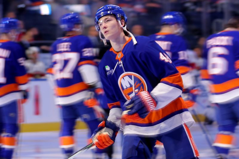 Mar 28, 2026; Elmont, New York, USA; New York Islanders defenseman Matthew Schaefer (48) skates on the ice before a game against the Florida Panthers at UBS Arena. Mandatory Credit: Brad Penner-Imagn Images