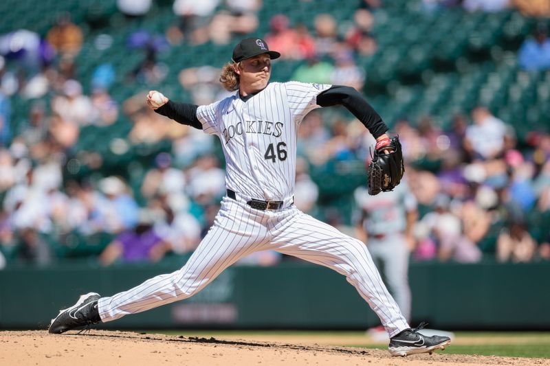 Jun 5, 2024; Denver, Colorado, USA; Colorado Rockies pitcher Nick Mears (46) delivers a pitch during the seventh inning against the Cincinnati Reds at Coors Field. Mandatory Credit: Andrew Wevers-USA TODAY Sports