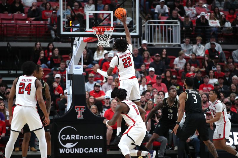 Feb 10, 2024; Lubbock, Texas, USA;  Texas Tech Red Raiders forward Warren Washington (22) shoots over the Central Florida Knights in the second half at United Supermarkets Arena. Mandatory Credit: Michael C. Johnson-USA TODAY Sports