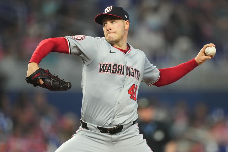 Apr 28, 2024; Miami, Florida, USA;  Washington Nationals starting pitcher Patrick Corbin (46) pitches in the first inning against the Miami Marlins at loanDepot Park. Mandatory Credit: Jim Rassol-USA TODAY Sports