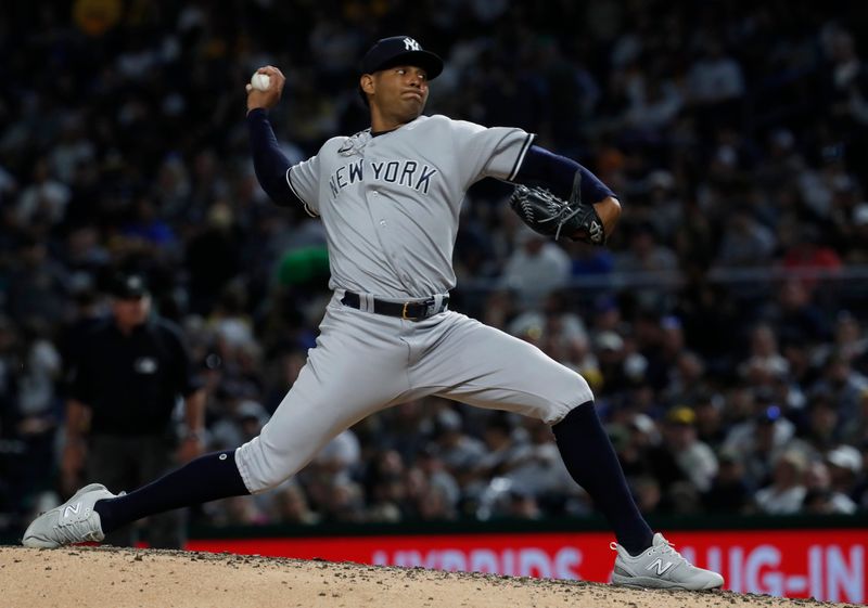 Sep 16, 2023; Pittsburgh, Pennsylvania, USA; New York Yankees relief pitcher Jhony Brito (76) pitches against the Pittsburgh Pirates during the fifth inning at PNC Park. Mandatory Credit: Charles LeClaire-USA TODAY Sports