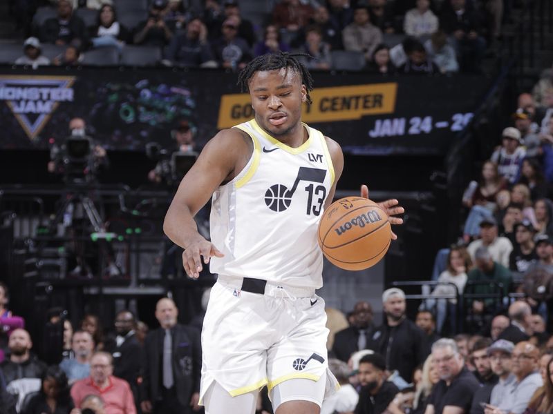 SACRAMENTO, CA - DECEMBER 8: Isaiah Collier #13 of the Utah Jazz dribbles the ball during the game against the Sacramento Kings on December 8, 2024 at Golden 1 Center in Sacramento, California. NOTE TO USER: User expressly acknowledges and agrees that, by downloading and or using this Photograph, user is consenting to the terms and conditions of the Getty Images License Agreement. Mandatory Copyright Notice: Copyright 2024 NBAE (Photo by Rocky Widner/NBAE via Getty Images)