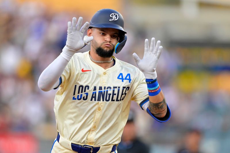 Sep 7, 2024; Los Angeles, California, USA;  Los Angeles Dodgers center fielder Andy Pages (44) rounds the bases after a two run home run in the first inning against the Cleveland Guardians at Dodger Stadium. Mandatory Credit: Jayne Kamin-Oncea-Imagn Images