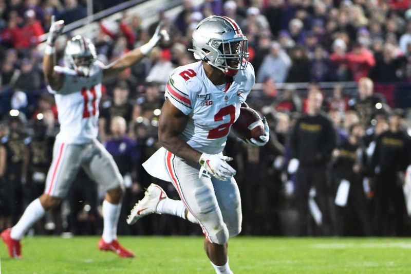 Oct 18, 2019; Evanston, IL, USA; Ohio State Buckeyes running back J.K. Dobbins (2) runs for a touchdown against the Northwestern Wildcats during the first half at Ryan Field. Mandatory Credit: David Banks-USA TODAY Sports