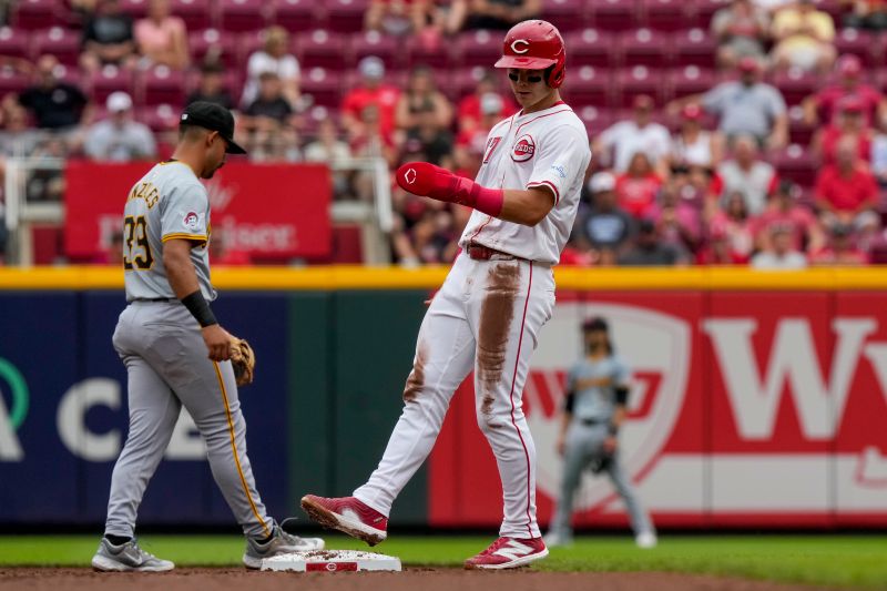 Jun 26, 2024; Cincinnati, Ohio, USA; Cincinnati Reds center fielder Stuart Fairchild (17) steps into a stolen base at second against the Pittsburgh Pirates in the second inning at Great American Ball Park. Mandatory Credit: Sam Greene/The Cincinnati Enquirer-USA TODAY Sports