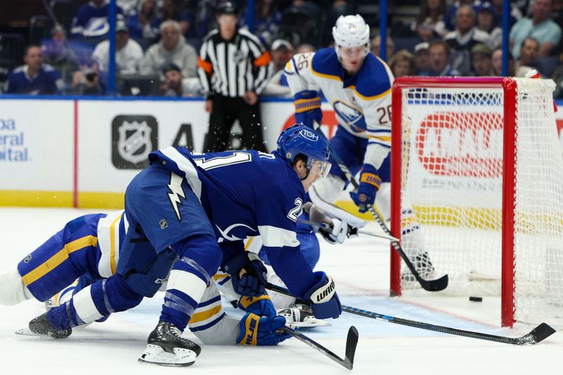 Feb 29, 2024; Tampa, Florida, USA;  Tampa Bay Lightning center Brayden Point (21) scores a goal on Buffalo Sabres goaltender Ukko-Pekka Luukkonen (1) in the first period at Amalie Arena. Mandatory Credit: Nathan Ray Seebeck-USA TODAY Sports