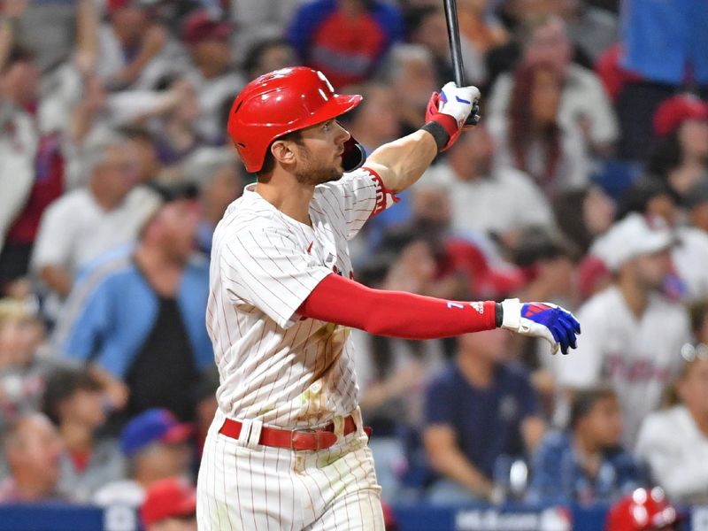 Aug 28, 2023; Philadelphia, Pennsylvania, USA; Philadelphia Phillies shortstop Trea Turner (7) watches his second home run of the game against the Los Angeles Angels during the fifth inning at Citizens Bank Park. Mandatory Credit: Eric Hartline-USA TODAY Sports