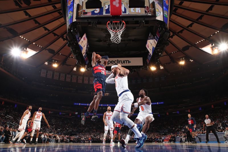 NEW YORK, NY - NOVEMBER 18: Alexandre Sarr #20 of the Washington Wizards dunks the ball during the game against the New York Knicks on November 18, 2024 at Madison Square Garden in New York City, New York.  NOTE TO USER: User expressly acknowledges and agrees that, by downloading and or using this photograph, User is consenting to the terms and conditions of the Getty Images License Agreement. Mandatory Copyright Notice: Copyright 2024 NBAE  (Photo by Nathaniel S. Butler/NBAE via Getty Images)