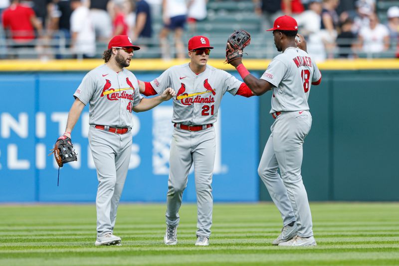 Jul 9, 2023; Chicago, Illinois, USA; St. Louis Cardinals players celebrate after defeating the Chicago White Sox at Guaranteed Rate Field. Mandatory Credit: Kamil Krzaczynski-USA TODAY Sports