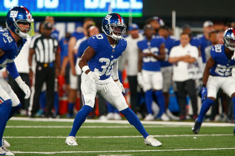 New York Giants' Darnay Holmes during the first half of an NFL preseason football game against the Carolina Panthers, Friday, Aug. 18, 2023, in East Rutherford, N.J. (AP Photo/John Munson)