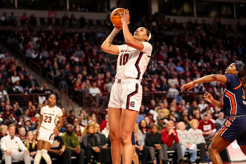 Jan 5, 2023; Columbia, South Carolina, USA; South Carolina Gamecocks center Kamilla Cardoso (10) drives against the Auburn Tigers in the first half at Colonial Life Arena. Mandatory Credit: Jeff Blake-USA TODAY Sports