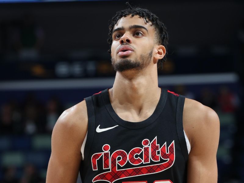 NEW ORLEANS, LA - MARCH 16: Rayan Rupert #72 of the Portland Trail Blazers shoots a free throw during the game against the New Orleans Pelicans on March 16, 2024 at the Smoothie King Center in New Orleans, Louisiana. NOTE TO USER: User expressly acknowledges and agrees that, by downloading and or using this Photograph, user is consenting to the terms and conditions of the Getty Images License Agreement. Mandatory Copyright Notice: Copyright 2024 NBAE (Photo by Layne Murdoch Jr./NBAE via Getty Images)