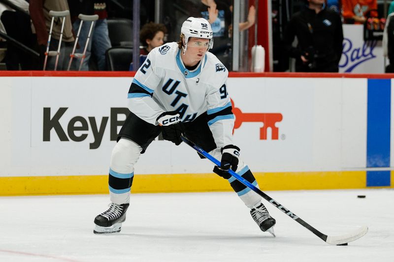 Sep 21, 2025; Denver, Colorado, USA; Utah Mammoth center Logan Cooley (92) before the game against the Colorado Avalanche at Ball Arena. Mandatory Credit: Isaiah J. Downing-Imagn Images