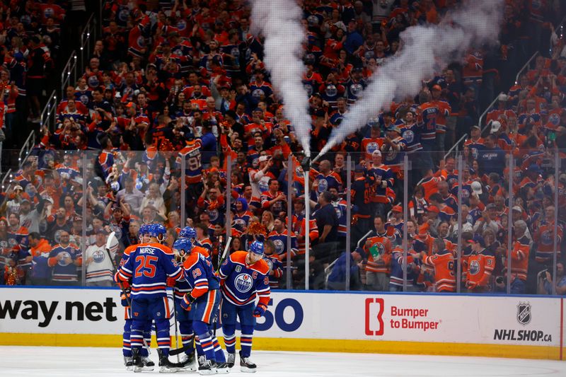 Jun 13, 2024; Edmonton, Alberta, CAN; The Edmonton Oilers celebrate a goal in the third period against the Florida Panthers in game three of the 2024 Stanley Cup Final at Rogers Place. Mandatory Credit: Perry Nelson-USA TODAY Sports