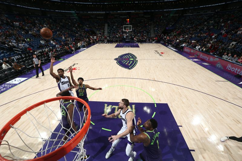 NEW ORLEANS, LA - FEBRUARY 12:  Malik Monk #0 of the Sacramento Kings shoots the ball during the game against the New Orleans Pelicans on February 12, 2025 at the Smoothie King Center in New Orleans, Louisiana. NOTE TO USER: User expressly acknowledges and agrees that, by downloading and or using this Photograph, user is consenting to the terms and conditions of the Getty Images License Agreement. Mandatory Copyright Notice: Copyright 2025 NBAE (Photo by Layne Murdoch Jr./NBAE via Getty Images)