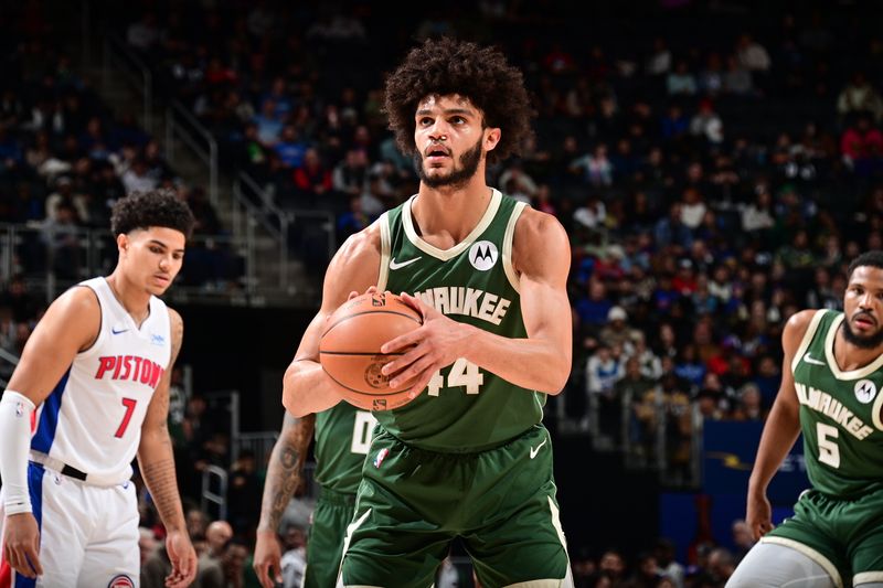 DETROIT, MI - JANUARY 22: Andre Jackson Jr. #44 of the Milwaukee Bucks shoots a free throw during the game against the Detroit Pistons on January 22, 2024 at Little Caesars Arena in Detroit, Michigan. NOTE TO USER: User expressly acknowledges and agrees that, by downloading and/or using this photograph, User is consenting to the terms and conditions of the Getty Images License Agreement. Mandatory Copyright Notice: Copyright 2024 NBAE (Photo by Chris Schwegler/NBAE via Getty Images)