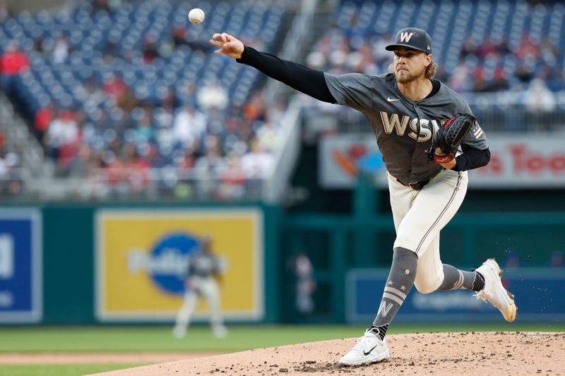 May 4, 2024; Washington, District of Columbia, USA; Washington Nationals pitcher Jake Irvin (27) pitches against the Toronto Blue Jays during the second inning at Nationals Park. Mandatory Credit: Geoff Burke-USA TODAY Sports