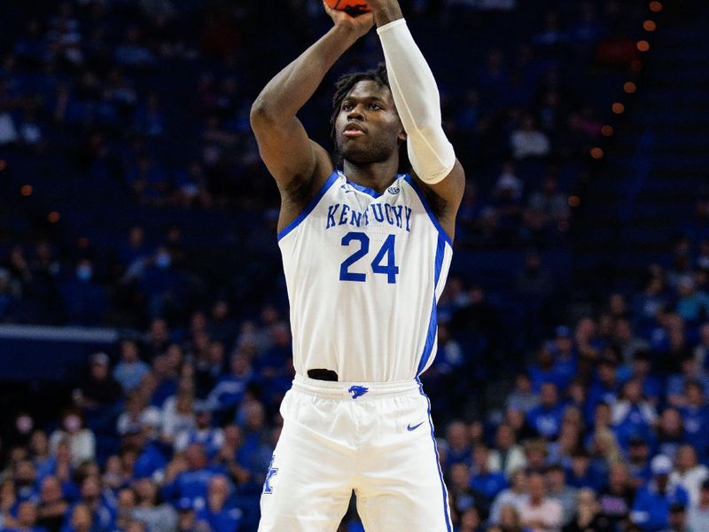 Nov 7, 2022; Lexington, Kentucky, USA; Kentucky Wildcats forward Chris Livingston (24) shoots the ball during the second half against the Howard Bison at Rupp Arena at Central Bank Center. Mandatory Credit: Jordan Prather-USA TODAY Sports