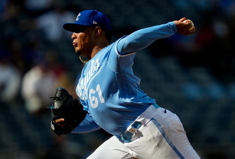 Sep 20, 2023; Kansas City, Missouri, USA; Kansas City Royals relief pitcher Angel Zerpa (61) pitches during the ninth inning against the Cleveland Guardians at Kauffman Stadium. Mandatory Credit: Jay Biggerstaff-USA TODAY Sports