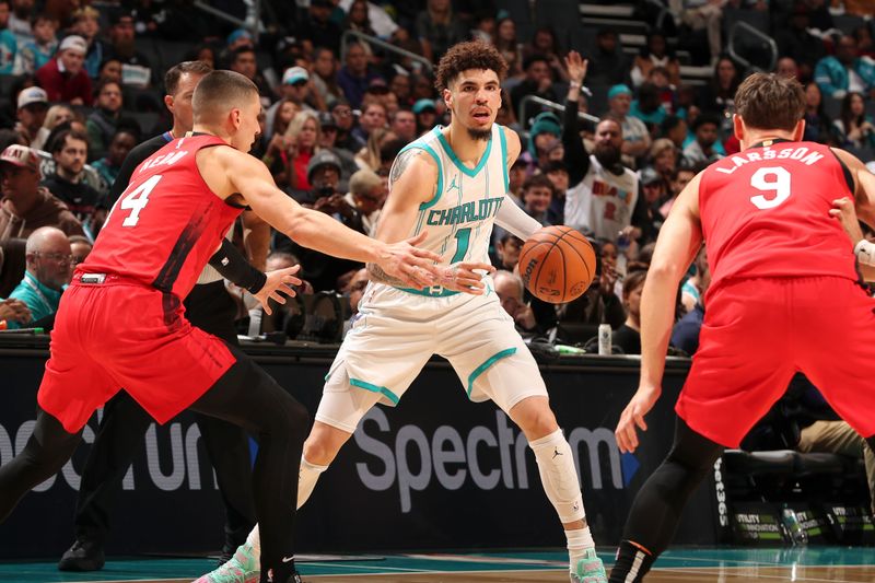 CHARLOTTE, NC - NOVEMBER 27:  LaMelo Ball #1 of the Charlotte Hornets dribbles the ball during the game against the Miami Heat on November 27, 2024 at Spectrum Center in Charlotte, North Carolina. NOTE TO USER: User expressly acknowledges and agrees that, by downloading and or using this photograph, User is consenting to the terms and conditions of the Getty Images License Agreement. Mandatory Copyright Notice: Copyright 2024 NBAE (Photo by Kent Smith/NBAE via Getty Images)