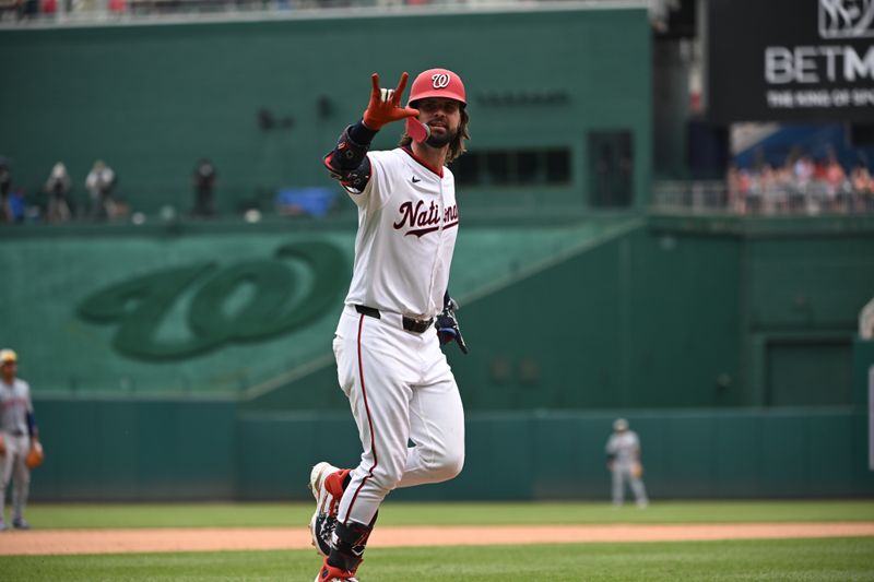 Jul 4, 2024; Washington, District of Columbia, USA; Washington Nationals left fielder Jesse Winker (6) celebrates as he rounds the bases after hitting a home run against the New York Mets during the eighth inning at Nationals Park. Mandatory Credit: Rafael Suanes-USA TODAY Sports