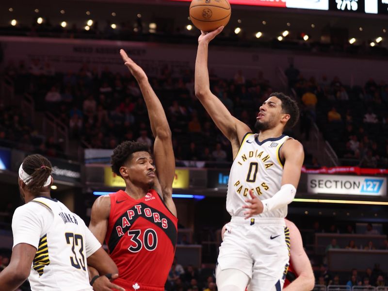 INDIANAPOLIS, IN - FEBRUARY 26:  Tyrese Haliburton #0 of the Indiana Pacers shoots the ball during the game against the Toronto Raptors on February 26, 2025 at Gainbridge Fieldhouse in Indianapolis, Indiana. NOTE TO USER: User expressly acknowledges and agrees that, by downloading and or using this Photograph, user is consenting to the terms and conditions of the Getty Images License Agreement. Mandatory Copyright Notice: Copyright 2025 NBAE (Photo by Pepper Robinson/NBAE via Getty Images)