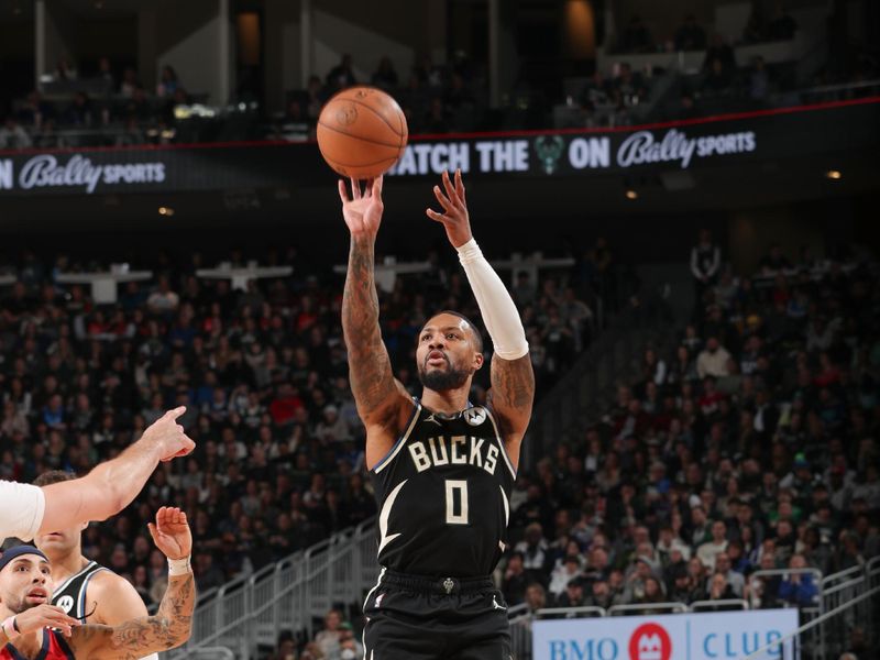 MILWAUKEE, WI - JANUARY 27:  Damian Lillard #0 of the Milwaukee Bucks shoots a three point basket during the game  on January 27, 2024 at the Fiserv Forum Center in Milwaukee, Wisconsin. NOTE TO USER: User expressly acknowledges and agrees that, by downloading and or using this Photograph, user is consenting to the terms and conditions of the Getty Images License Agreement. Mandatory Copyright Notice: Copyright 2024 NBAE (Photo by Gary Dineen/NBAE via Getty Images).