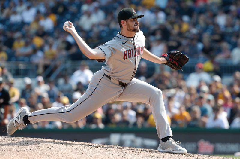 Aug 4, 2024; Pittsburgh, Pennsylvania, USA;  Arizona Diamondbacks relief pitcher Ryan Thompson (81) pitches against the Pittsburgh Pirates during the ninth inning at PNC Park. Arizona won 6-5. Mandatory Credit: Charles LeClaire-USA TODAY Sports