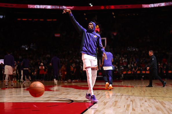 TORONTO, CANADA - NOVEMBER 29: Kevin Durant #35 of the Phoenix Suns looks on during the game against the Toronto Raptors on November 29, 2023 at the Scotiabank Arena in Toronto, Ontario, Canada.  NOTE TO USER: User expressly acknowledges and agrees that, by downloading and or using this Photograph, user is consenting to the terms and conditions of the Getty Images License Agreement.  Mandatory Copyright Notice: Copyright 2023 NBAE (Photo by Vaughn Ridley/NBAE via Getty Images)