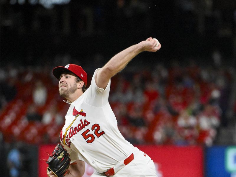 May 6, 2025; St. Louis, Missouri, USA;  St. Louis Cardinals starting pitcher Matthew Liberatore (52) pitches against the Pittsburgh Pirates during the seventh inning at Busch Stadium. Mandatory Credit: Jeff Curry-Imagn Images