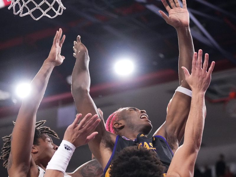 Jan 2, 2024; Boca Raton, Florida, USA; Florida Atlantic Owls guard Bryan Greenlee (4) fouls East Carolina Pirates forward Ezra Ausar (2) during the first half at Eleanor R. Baldwin Arena. Mandatory Credit: Rich Storry-USA TODAY Sports