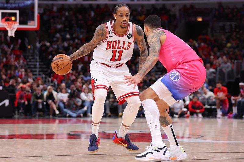 CHICAGO, ILLINOIS - FEBRUARY 26: DeMar DeRozan #11 of the Chicago Bulls dribbles against Kyle Kuzma #33 of the Washington Wizards during the second half at United Center on February 26, 2023 in Chicago, Illinois. NOTE TO USER: User expressly acknowledges and agrees that, by downloading and or using this photograph, User is consenting to the terms and conditions of the Getty Images License Agreement.  (Photo by Michael Reaves/Getty Images)