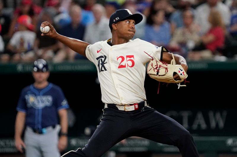 Jul 5, 2024; Arlington, Texas, USA; Texas Rangers pitcher Jose Leclerc (25) throws to the plate during the sixth inning against the Tampa Bay Rays at Globe Life Field. Mandatory Credit: Raymond Carlin III-USA TODAY Sports