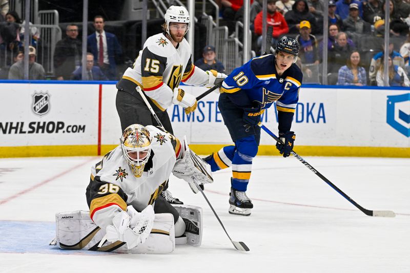 Mar 25, 2024; St. Louis, Missouri, USA;  Vegas Golden Knights goaltender Logan Thompson (36) defends the net against the St. Louis Blues during the second period at Enterprise Center. Mandatory Credit: Jeff Curry-USA TODAY Sports