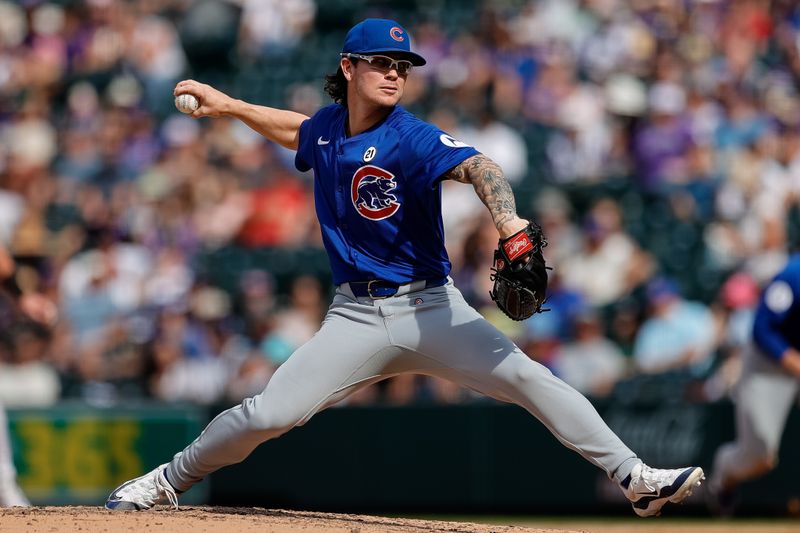 Sep 15, 2024; Denver, Colorado, USA; Chicago Cubs relief pitcher Ethan Roberts (39) pitches in the seventh inning against the Colorado Rockies at Coors Field. Mandatory Credit: Isaiah J. Downing-Imagn Images