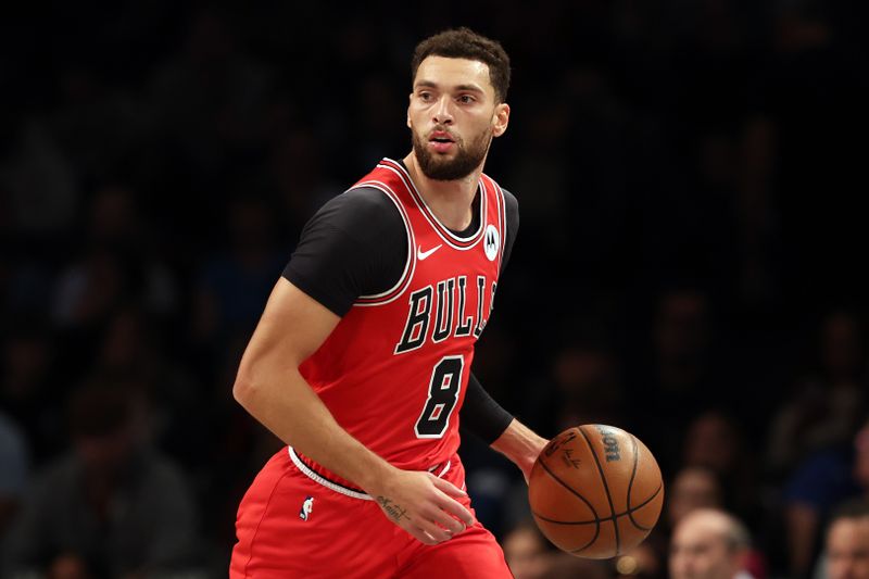 NEW YORK, NEW YORK - NOVEMBER 01: Zach LaVine #8 of the Chicago Bulls dribbles during the first half against the Brooklyn Nets at Barclays Center on November 01, 2024 in the Brooklyn borough of New York City. NOTE TO USER: User expressly acknowledges and agrees that, by downloading and or using this photograph, User is consenting to the terms and conditions of the Getty Images License Agreement. (Photo by Sarah Stier/Getty Images)