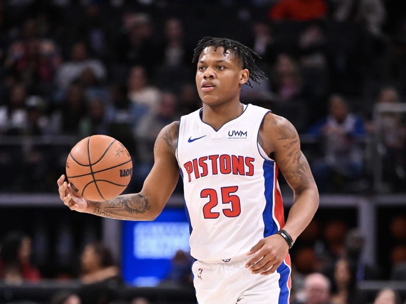 DETROIT, MICHIGAN - MARCH 07: Marcus Sasser #25 of the Detroit Pistons dribbles the ball against the Brooklyn Nets during the first half at Little Caesars Arena on March 07, 2024 in Detroit, Michigan. NOTE TO USER: User expressly acknowledges and agrees that, by downloading and or using this photograph, User is consenting to the terms and conditions of the Getty Images License Agreement. (Photo by Luke Hales/Getty Images)