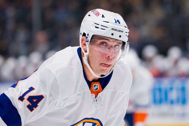 Nov 15, 2023; Vancouver, British Columbia, CAN; New York Islanders forward Bo Horvat (14) prepares for a face off against the Vancouver Canucks in the first period at Rogers Arena. Mandatory Credit: Bob Frid-USA TODAY Sports