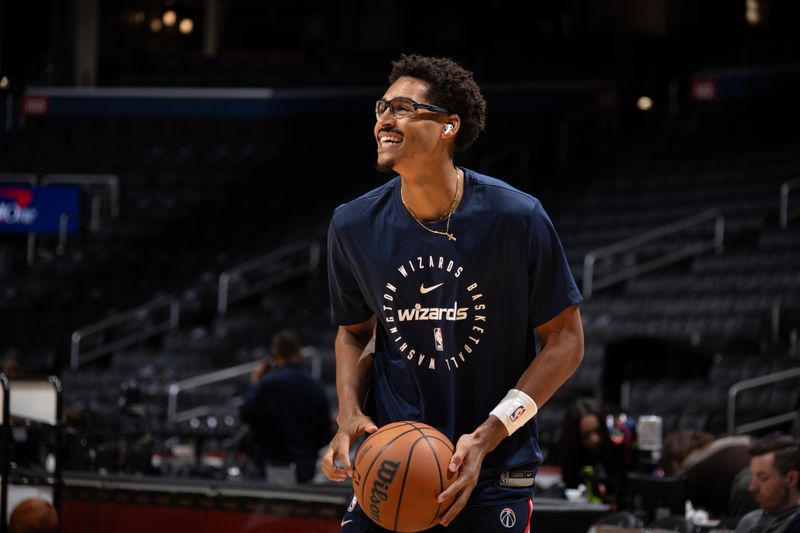 WASHINGTON, DC -? OCTOBER 11: Jordan Poole #13 of the Washington Wizards smiles before the game against the Toronto Raptors during a NBA preseason game on October 11, 2024 at Capital One Arena in Washington, DC. NOTE TO USER: User expressly acknowledges and agrees that, by downloading and or using this Photograph, user is consenting to the terms and conditions of the Getty Images License Agreement. Mandatory Copyright Notice: Copyright 2024 NBAE (Photo by Stephen Gosling/NBAE via Getty Images)