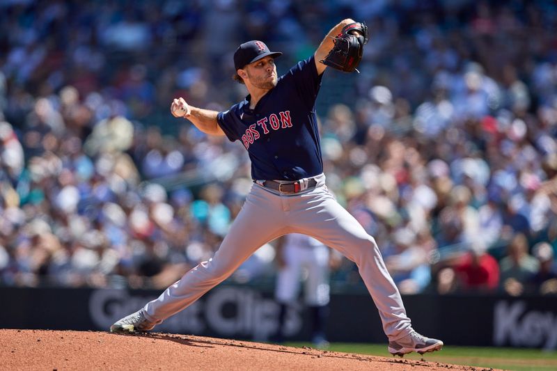 Aug 2, 2023; Seattle, Washington, USA; Boston Red Sox starting pitcher Kutter Crawford works during the first inning at T-Mobile Park. Mandatory Credit: John Froschauer-USA TODAY Sports