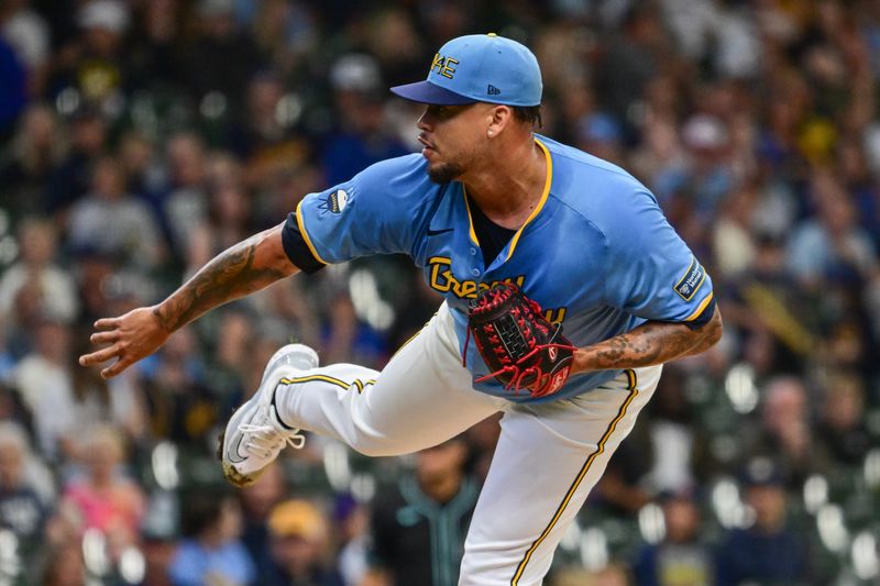 Sep 22, 2024; Milwaukee, Wisconsin, USA; Milwaukee Brewers starting pitcher Frankie Montas (47) pitches in the first inning against the Arizona Diamondbacks at American Family Field. Mandatory Credit: Benny Sieu-Imagn Images